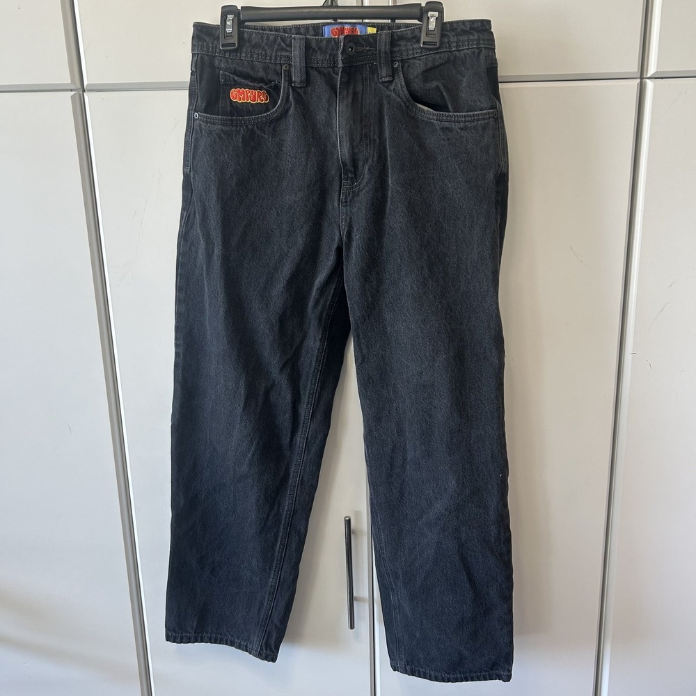 Empyre Loose Fit Skate Jeans Mens 30 Washed Black Embroidered Logo Denim Pants